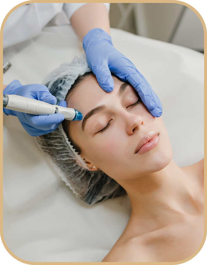 view from rejuvenation beautiful woman enjoying cosmetology procedures beauty salon dermatology hands blue glows healthcare therapy botox